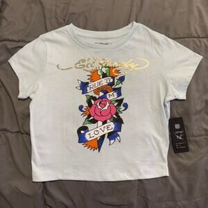 Y2k baby blue ed hardy crop top